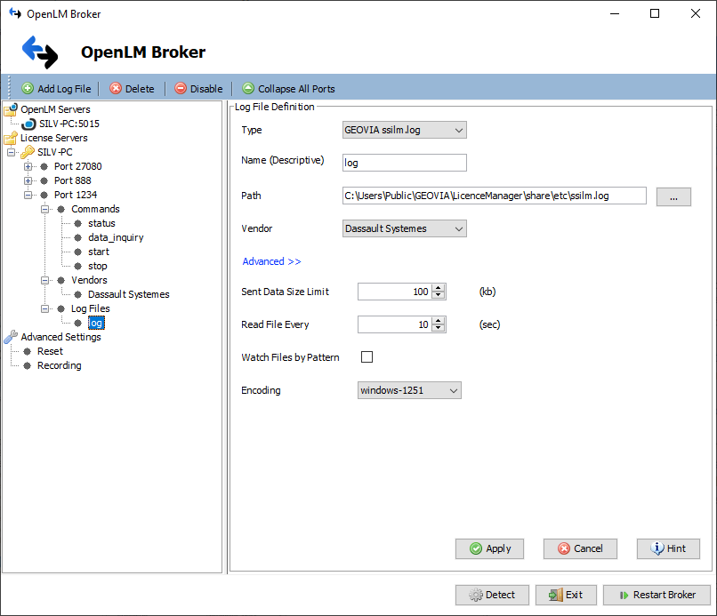 OpenLM Broker settings for GEOVIA License Manager