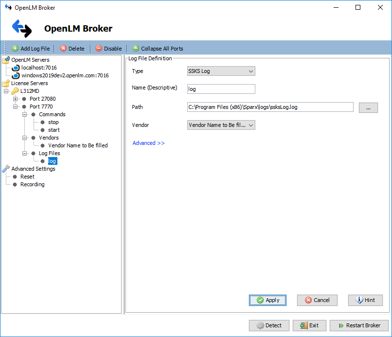 OpenLM Broker Sparx License Manager Log File settings
