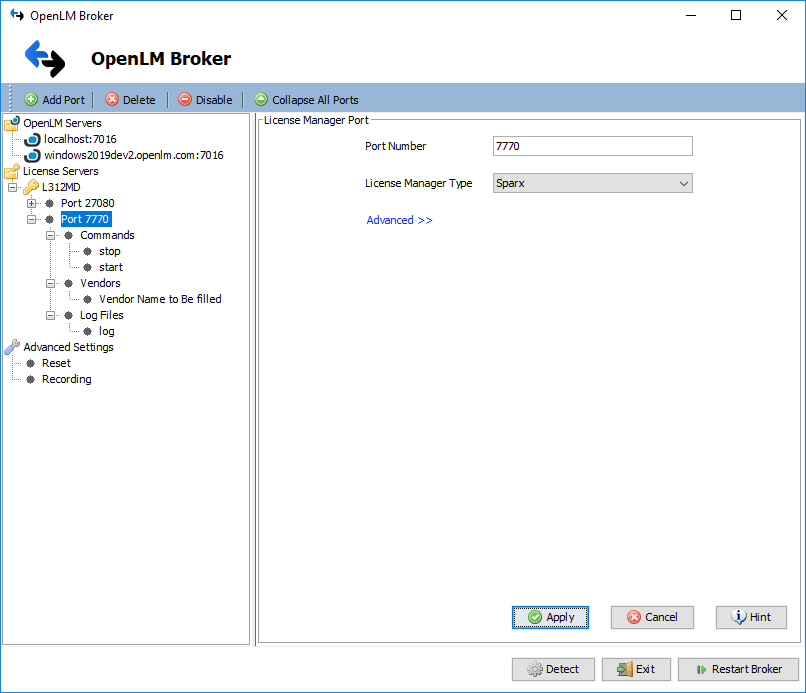 OpenLM Broker Sparx License Manager settings