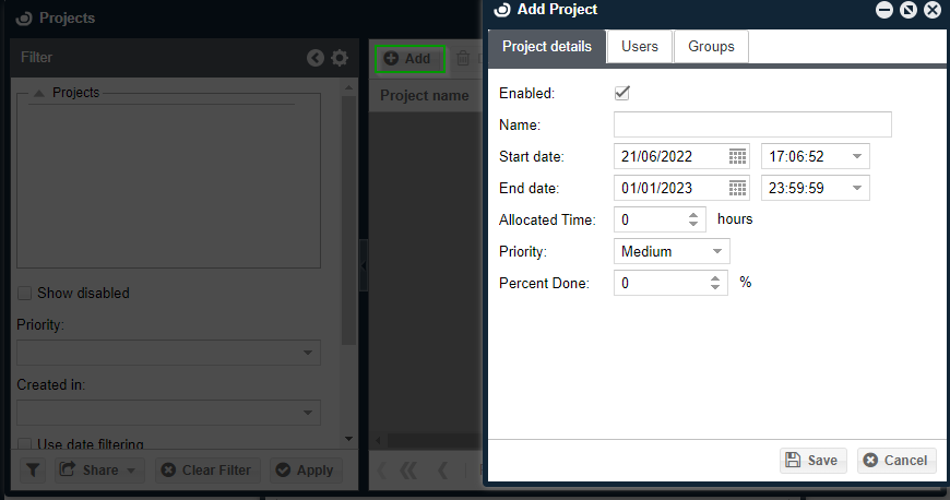 Project creation in EasyAdmin User Interface 