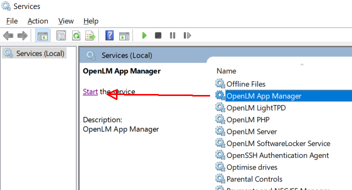 The "Start" button on the Windows Services window.
