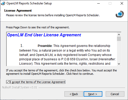 OpenLM End User License Agreement screen