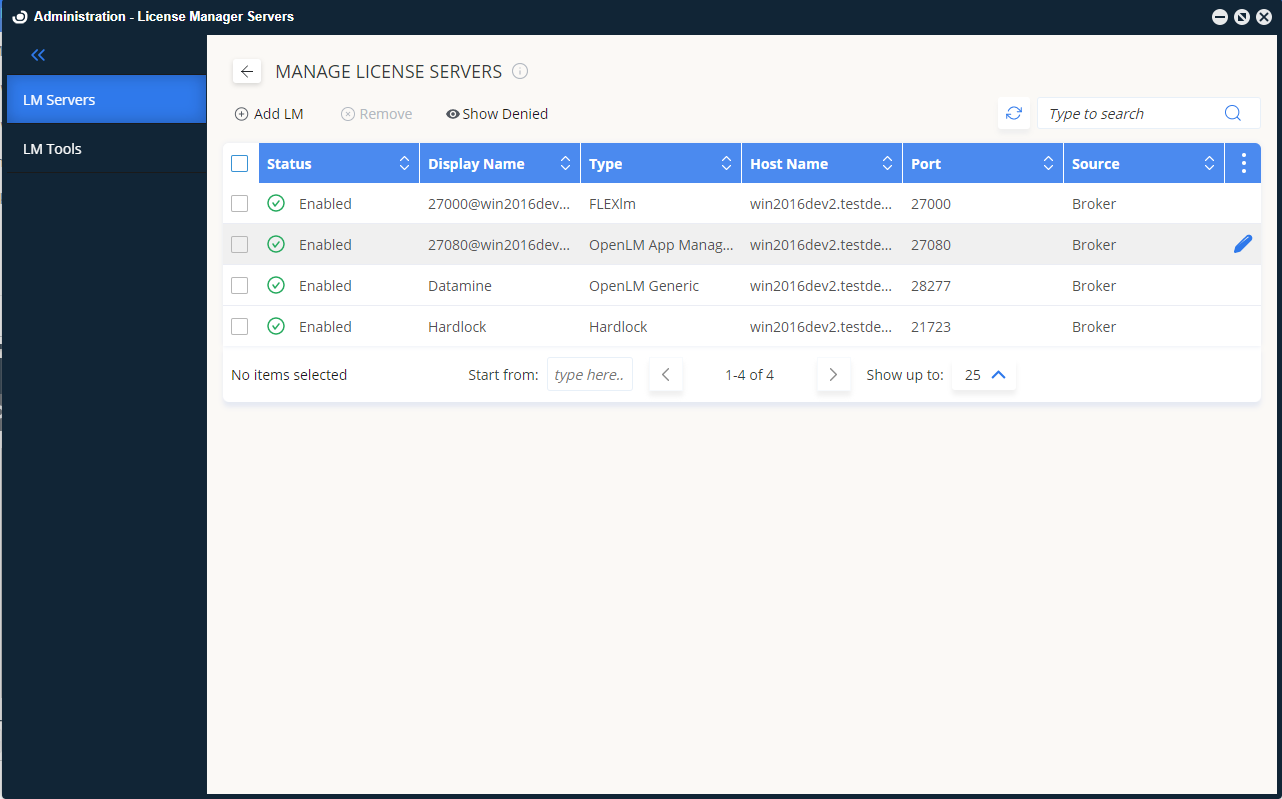 Manage License Managers Screen